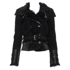 Patrizia Pepe, giacca biker in pelle scamosciata nera foderata di pelliccia con cintura IT40 S