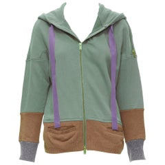 UNDERCOVER washed green cotton brown wool hem zip up hoodie M