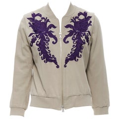 DRIES VAN NOTEN purple floral embroidery stone grey cotton bomber jacket S