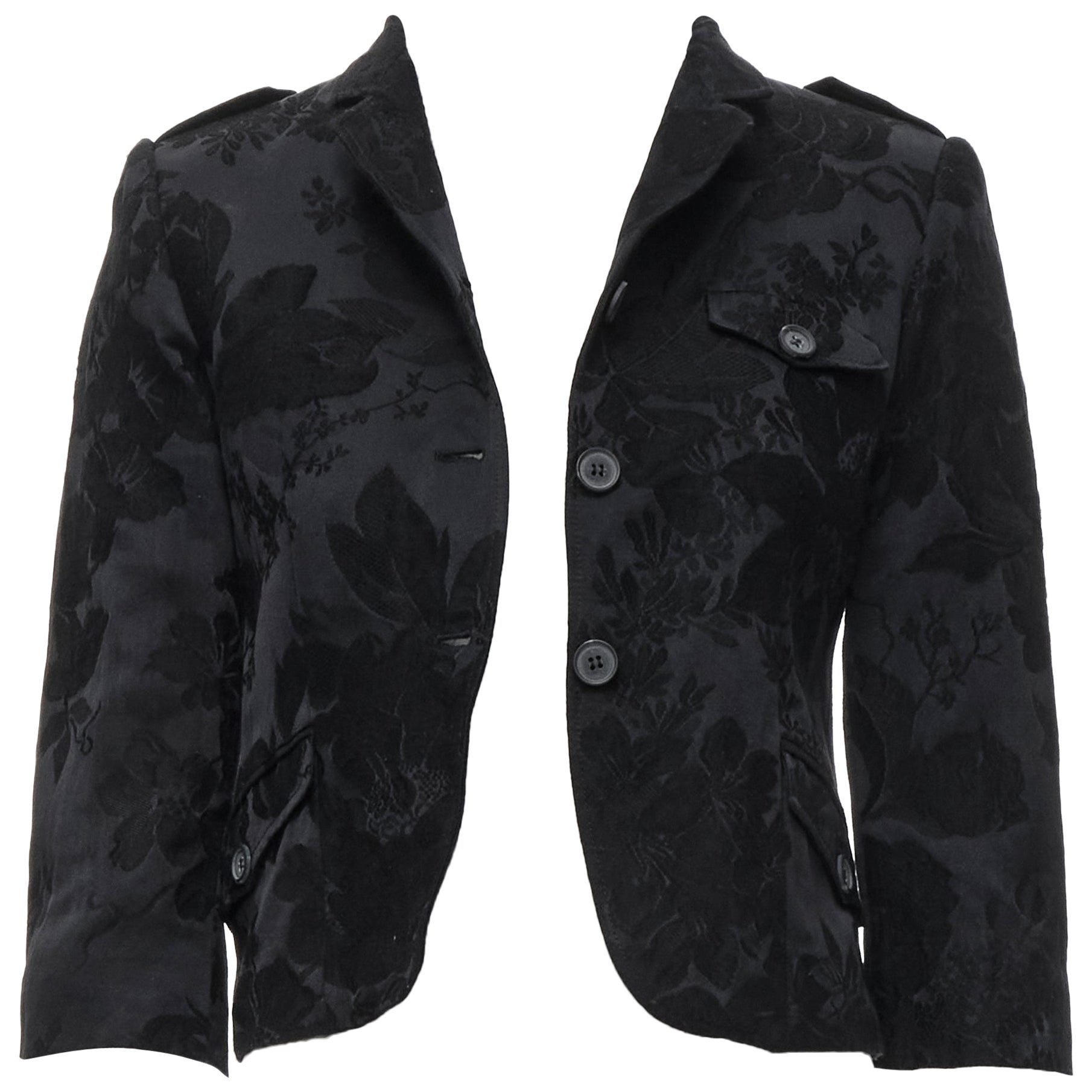 MIU MIU black wool sil floral jacquard cropped military jacket IT40 S