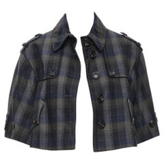 MOSCHINO grey blue check wide short sleeve cropped trench coat IT40 S