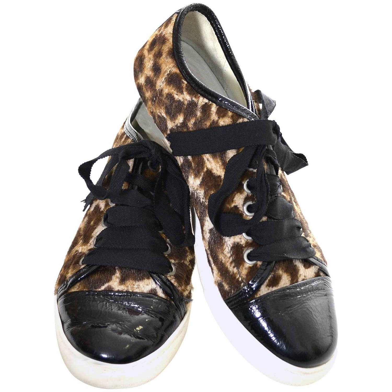Lanvin Pony Hair Patent Leather Low Top Sneakers Lace Up Tennis Shoes