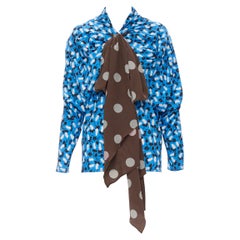 MARNI blue scribble print crepe brown polka dot bow scarf draped top IT40 S