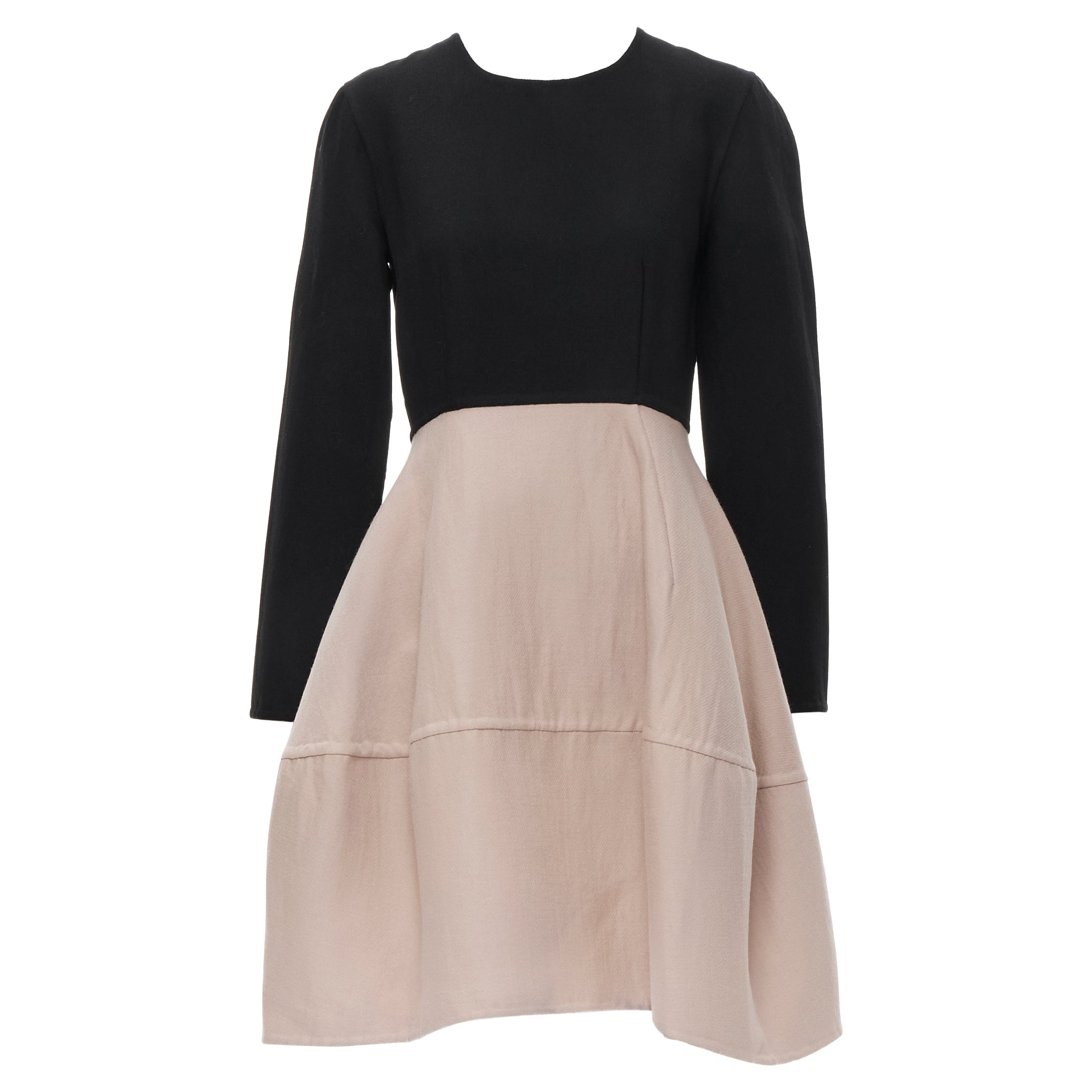 MARNI black nude wool crepe long sleeve bubble skirt fit flared dress IT38 XS For Sale