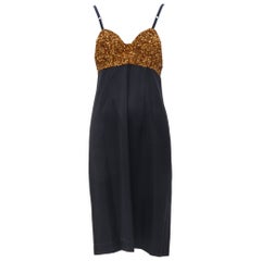 DRIES VAN NOTEN gold sequins bustier navy viscose slip dress FR38 S