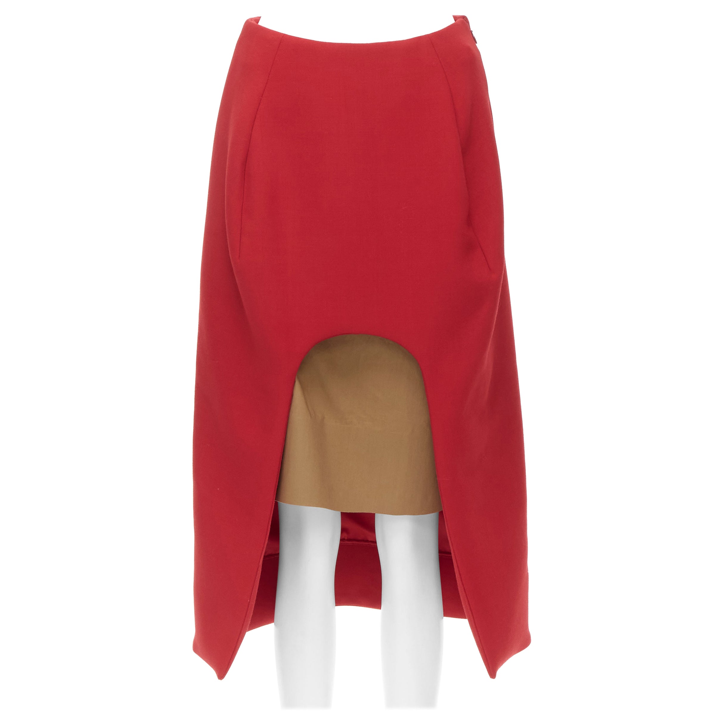 MARNI red wool brown silk lining curved hem midi skirt IT40 S For Sale