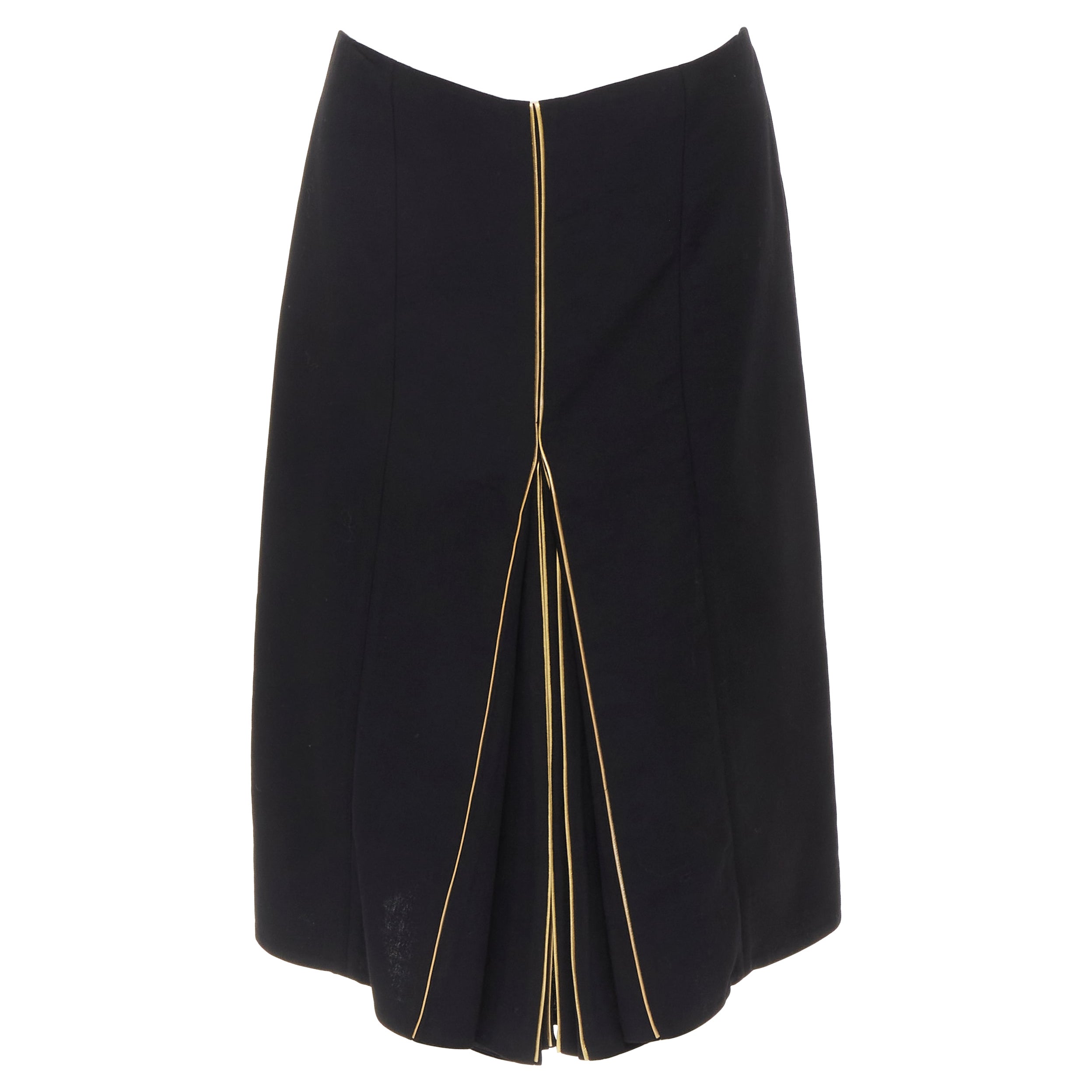 MARNI black wool gold piping flared vent knee skirt IT40 S For Sale