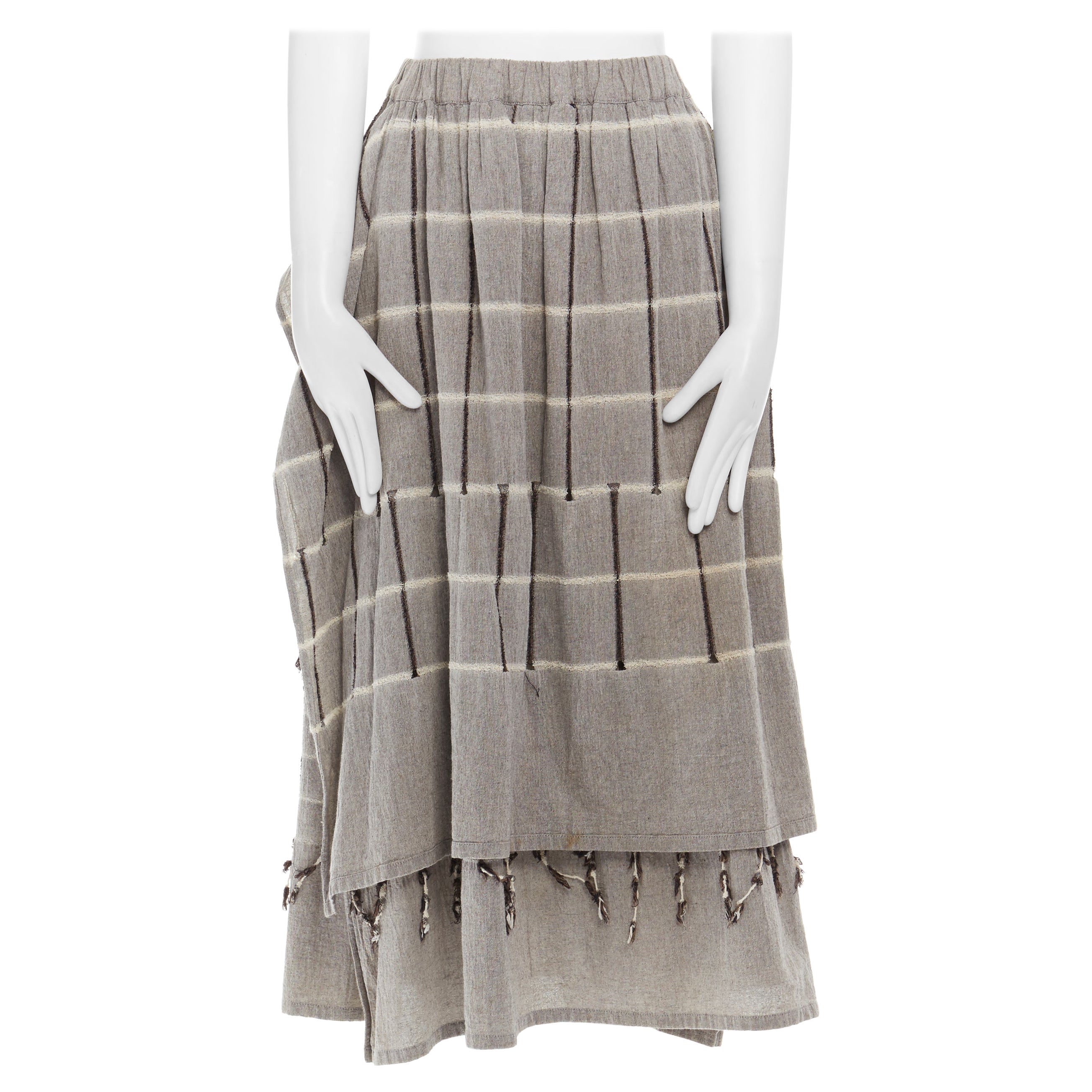 vintage ISSEY MIYAKE 1980 light grey checked paneled side fringe layered skirt M