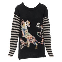 ETRO black wool knit oriental blossom embroidery striped sleeve sweater IT44 M