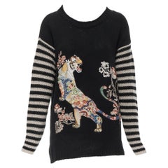 ETRO Schwarzer Pullover mit gestreiften Ärmeln aus Wollstrick mit orientalischer Blütenblumenstickerei IT44 M