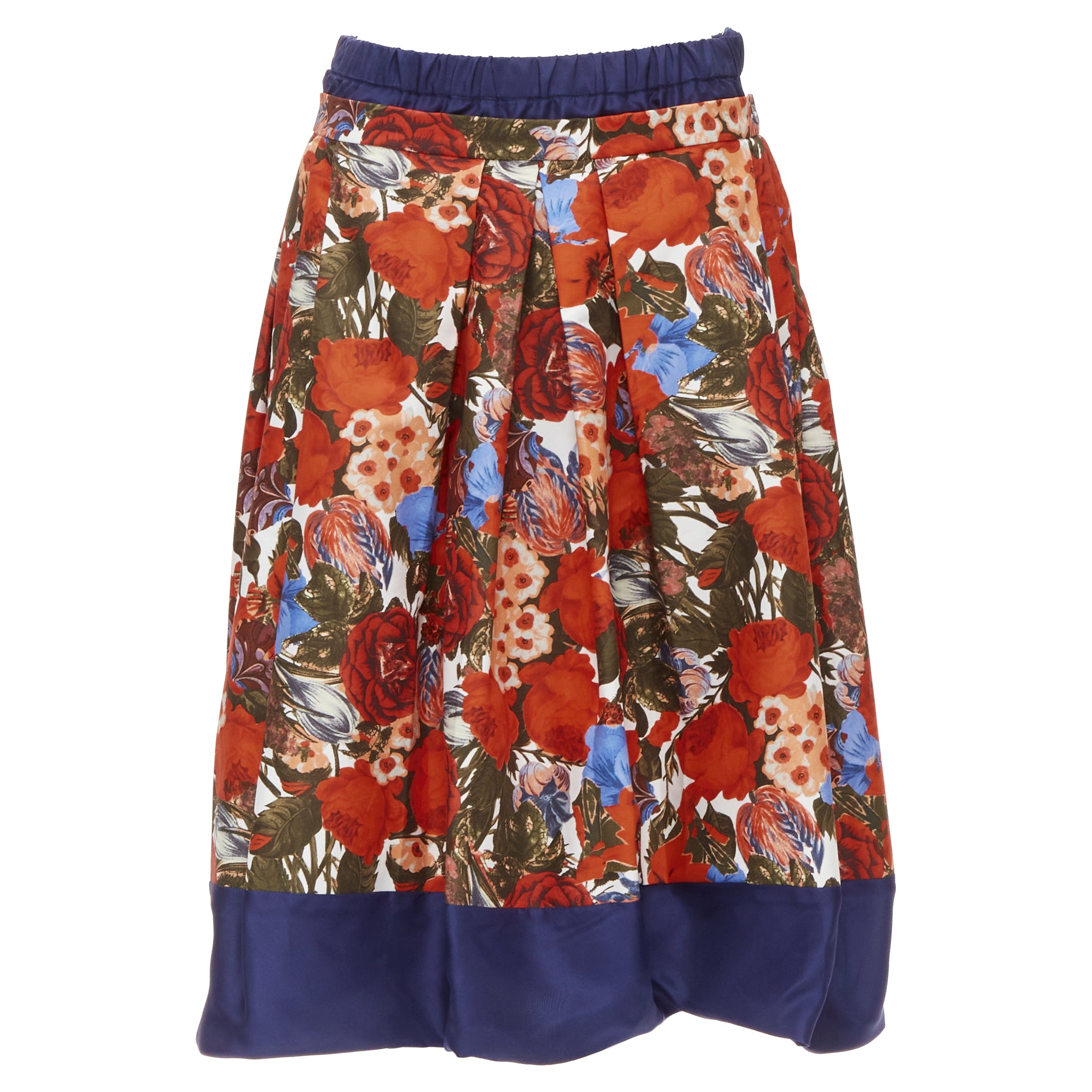 MARNI 2019 navy silk red rose floral print cotton flared skirt IT40 S For Sale