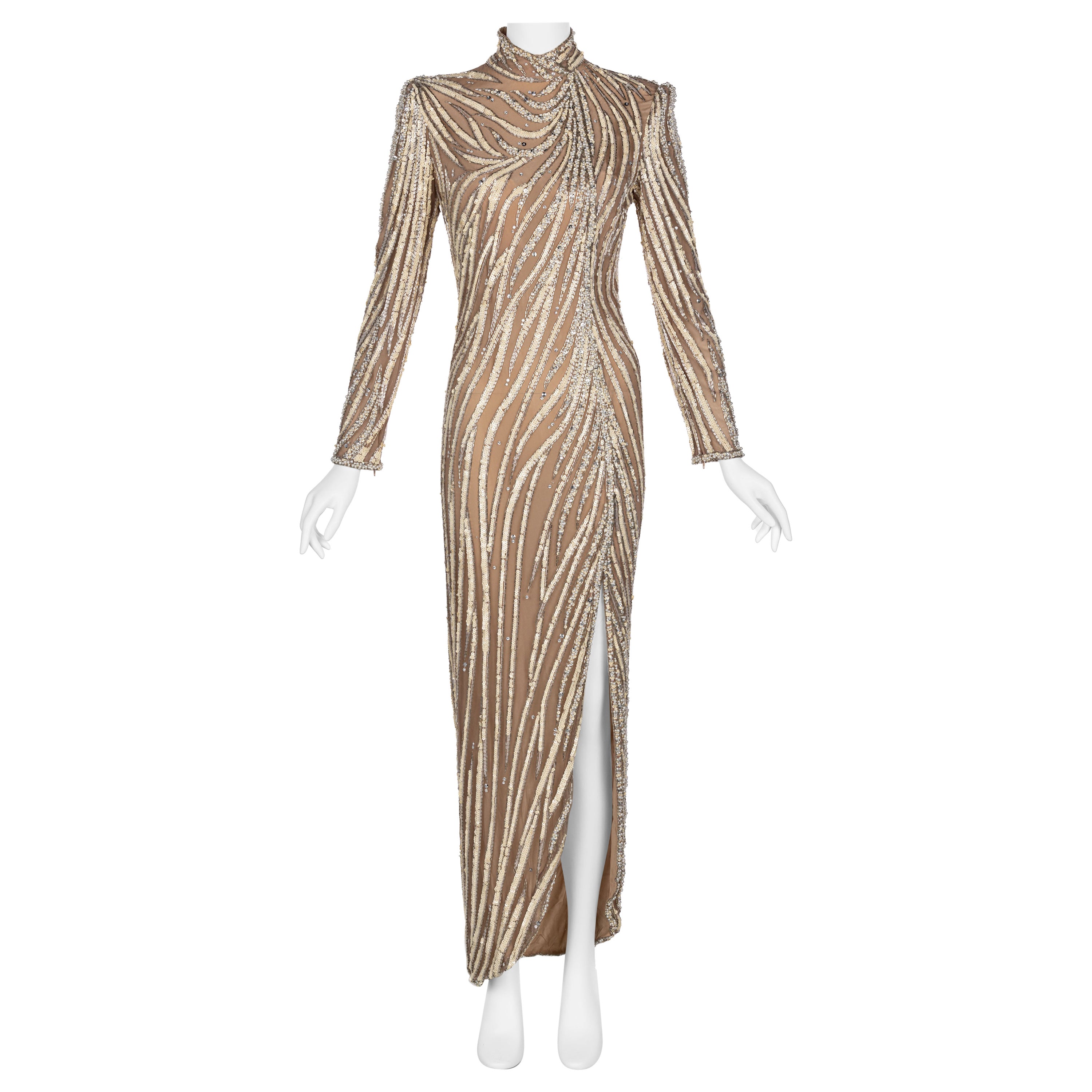 Bob Mackie Ivory Sequin, Pearls & Nude Stretch Net Thigh High Slit Dress, 1980s For Sale