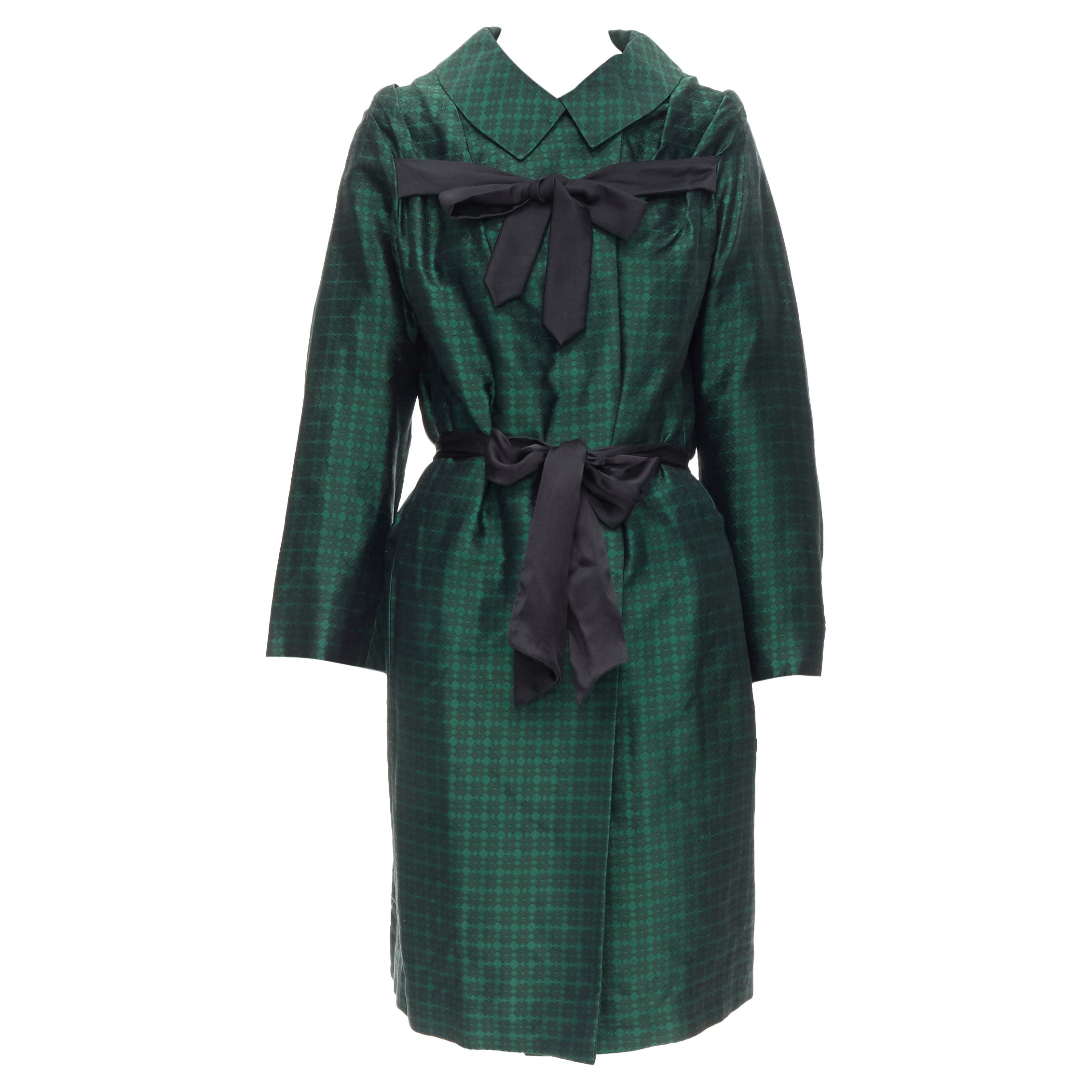 DRIES VAN NOTEN green geometric jacquard black silk bow belted opera coat S