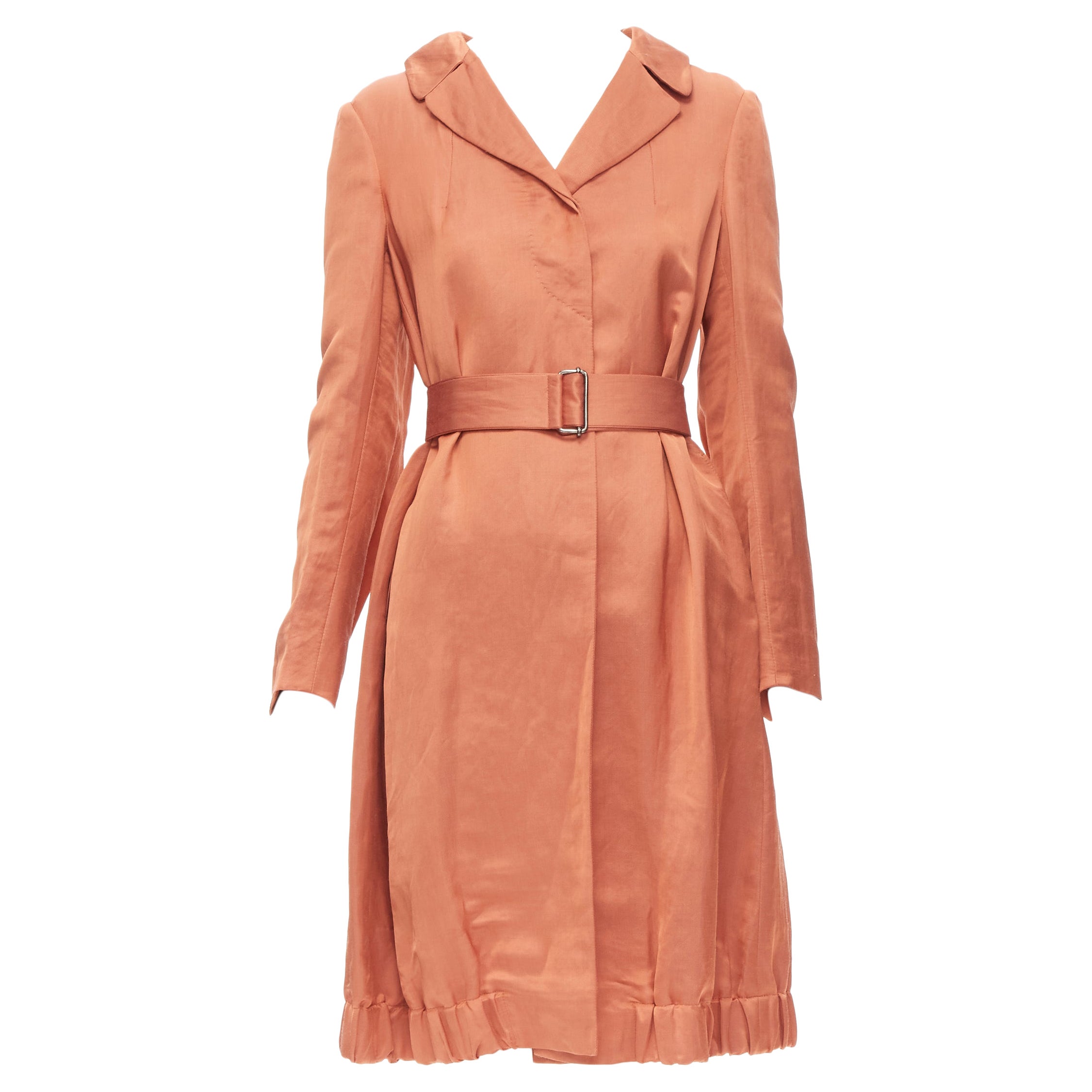 DRIES VAN NOTEN orange ramie rayon elasticated ruched hem belted trench coat S For Sale