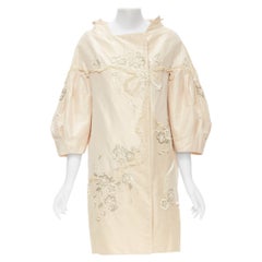 SHIATZY Chen, cappotto di velluto a sbuffo in seta beige impreziosito da perline floreali IT40 XS