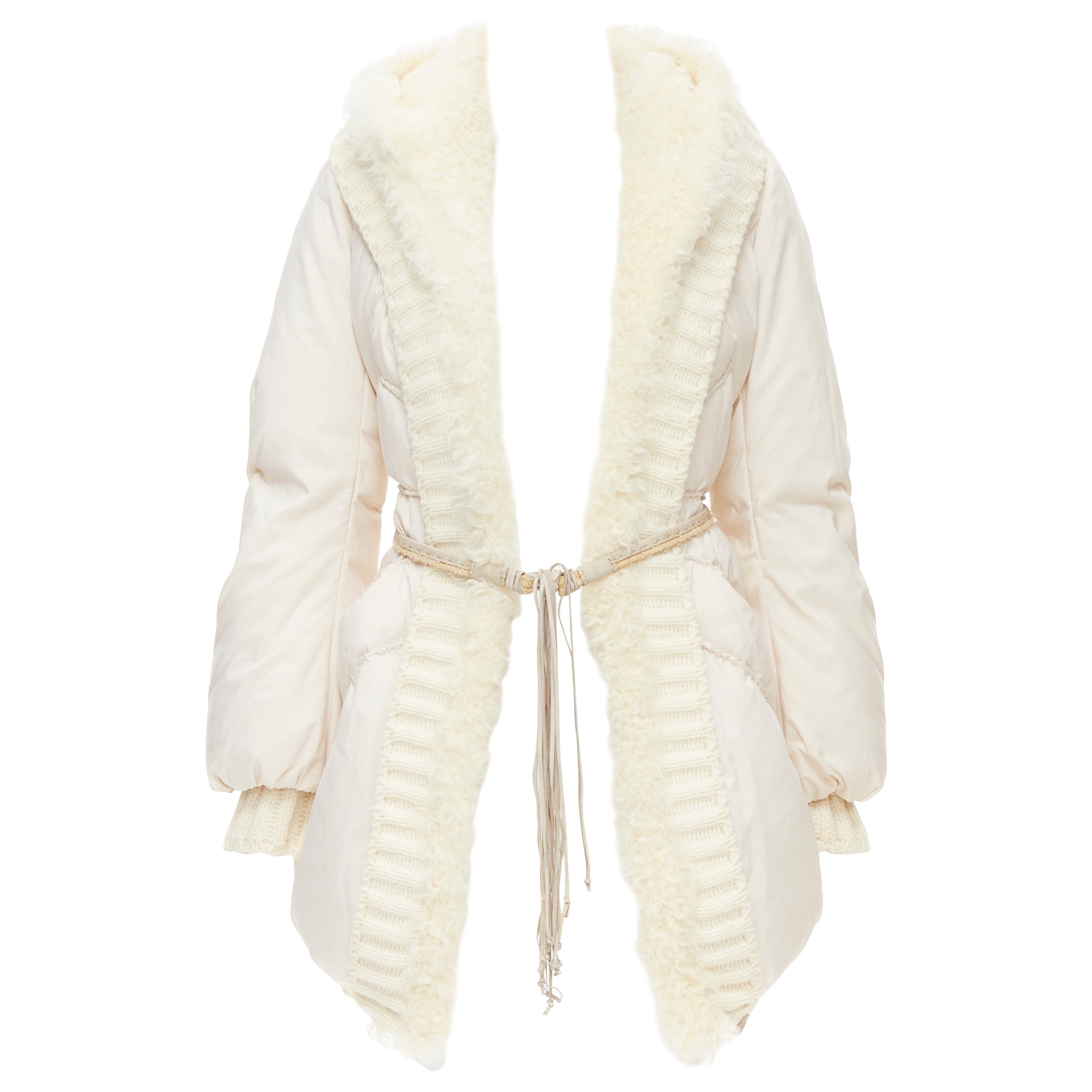 ERMANNO SCERVINO white shearling knit collar belted down puffer coat IT38 XS