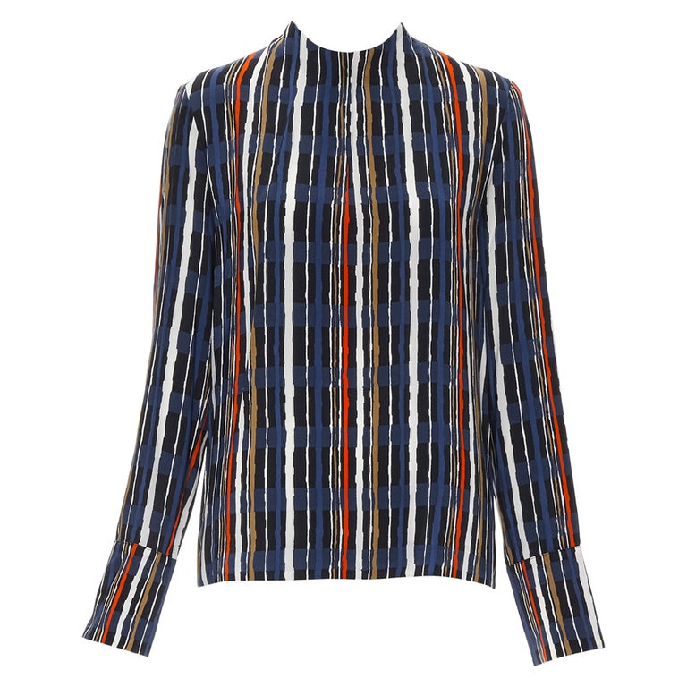 MARNI navy blue stripe print silk wide cuff collarless blouse top IT40 ...