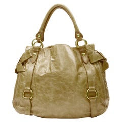 MIU MIU brown crinkled leather gold-tone strap bow detail hobo tote bag