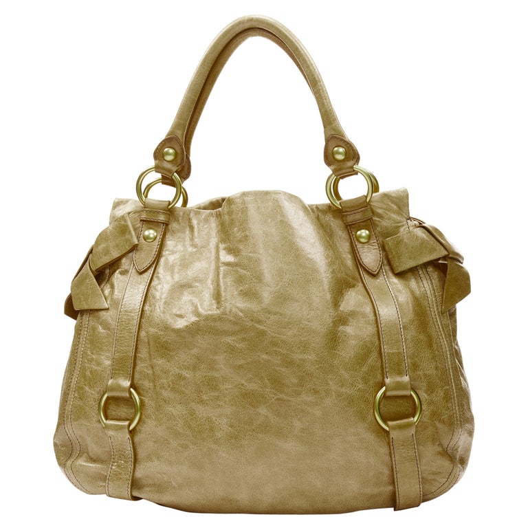 MIU MIU brown crinkled leather gold-tone strap bow detail hobo tote bag ...
