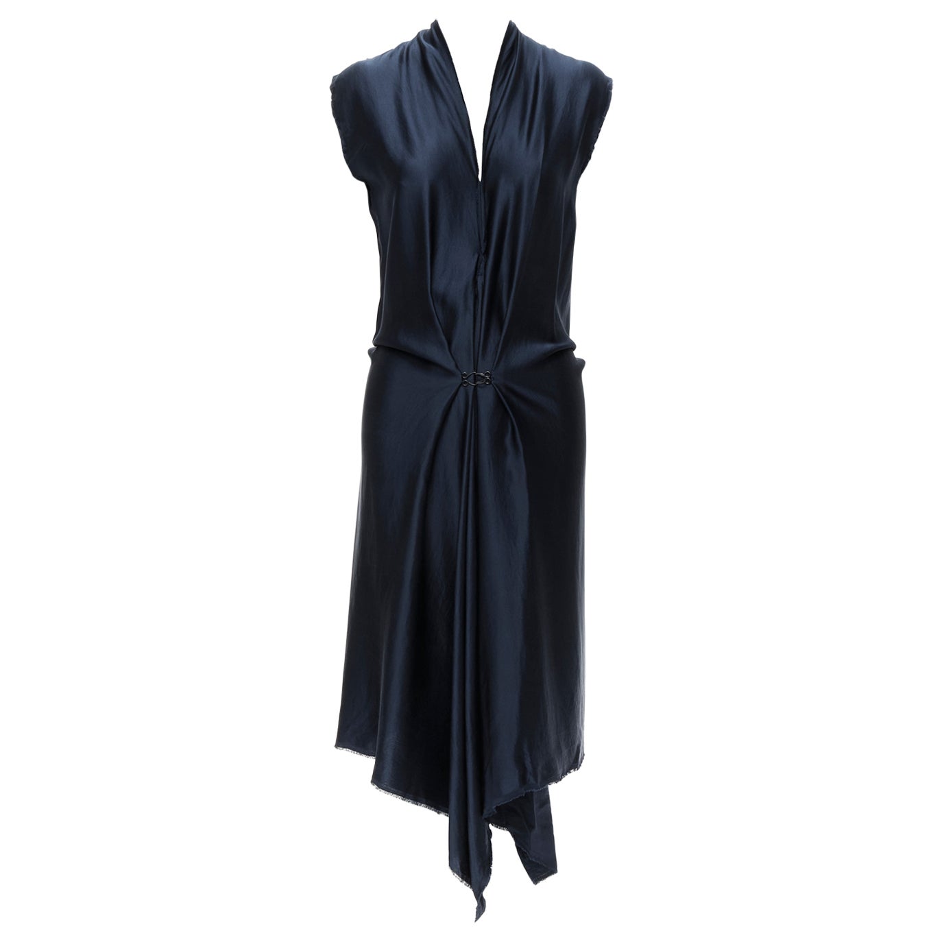 LANVIN 2014 Alber Elbaz navy silk raw frayed ruffle draped hook dress FR36 XS