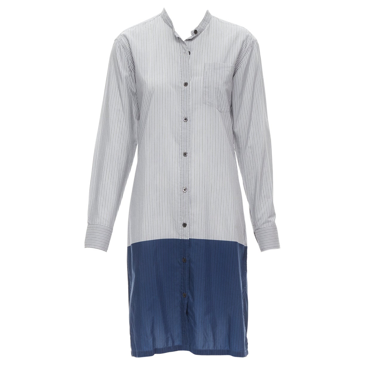 DRIES VAN NOTEN blue pinstripe cotton cupro hem long sleeve shirt dress FR34 XS For Sale