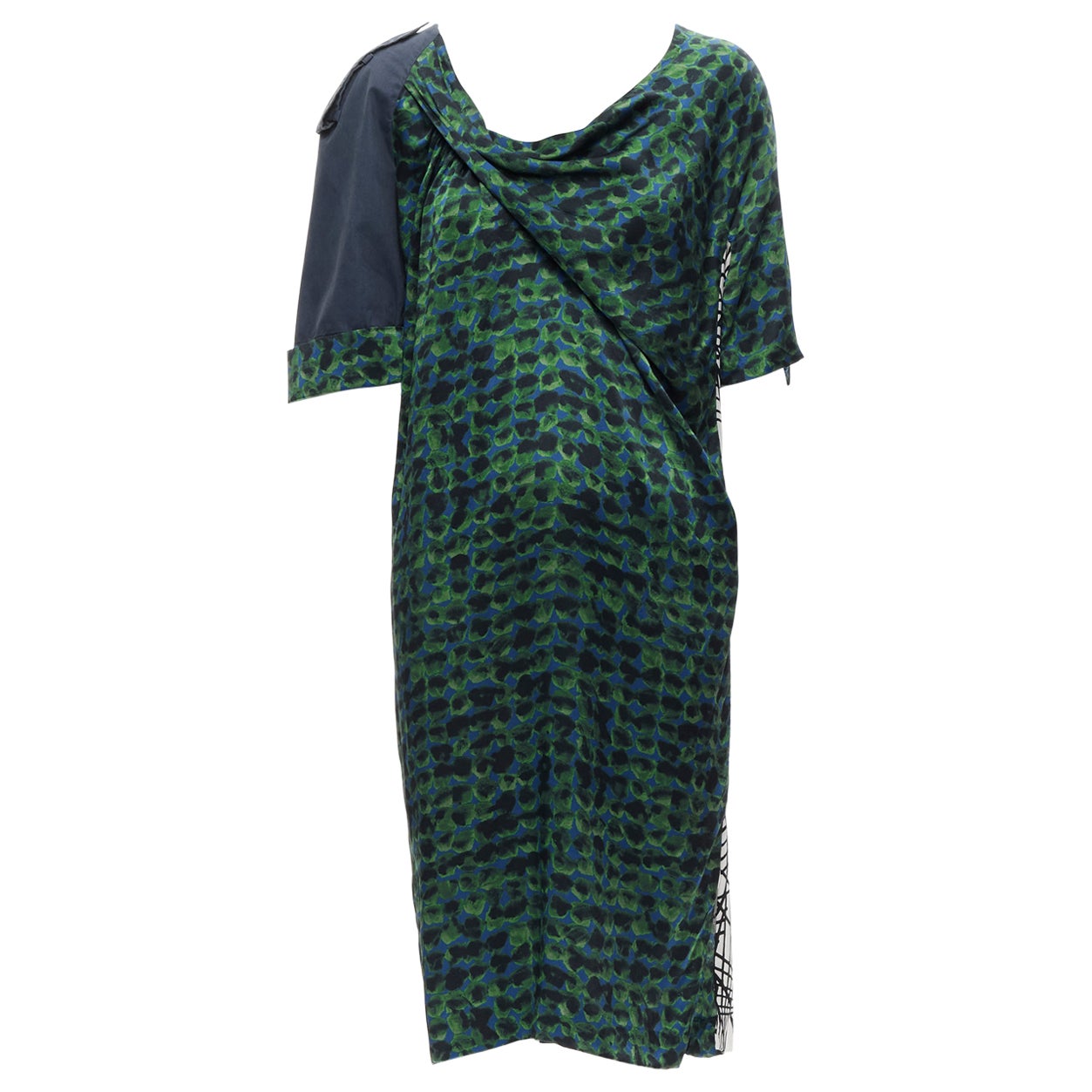 DRIES VAN NOTEN green navy draped silk contrast short sleeve dress FR36 S For Sale