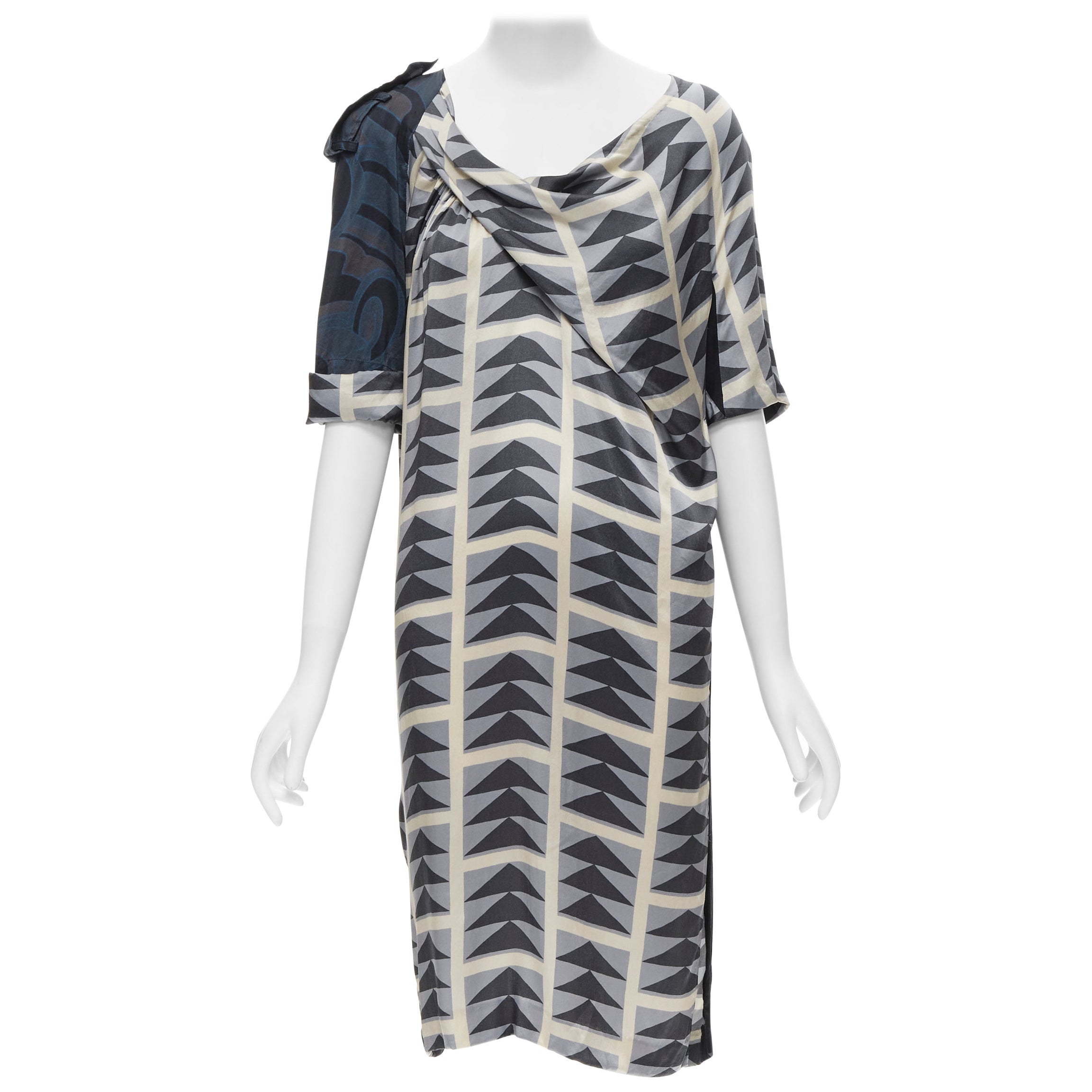 DRIES VAN NOTEN blue grey geometric print asymmetric draped sleeve dress FR36 S For Sale