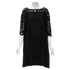 DRIES VAN NOTEN black cotton floral lattice lace yoke 3/4 sleeve trapeze dress S