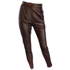 Vintage 1980s Armani Espresso Brown Alligator Embossed Skinny Slim Leather Pants 7