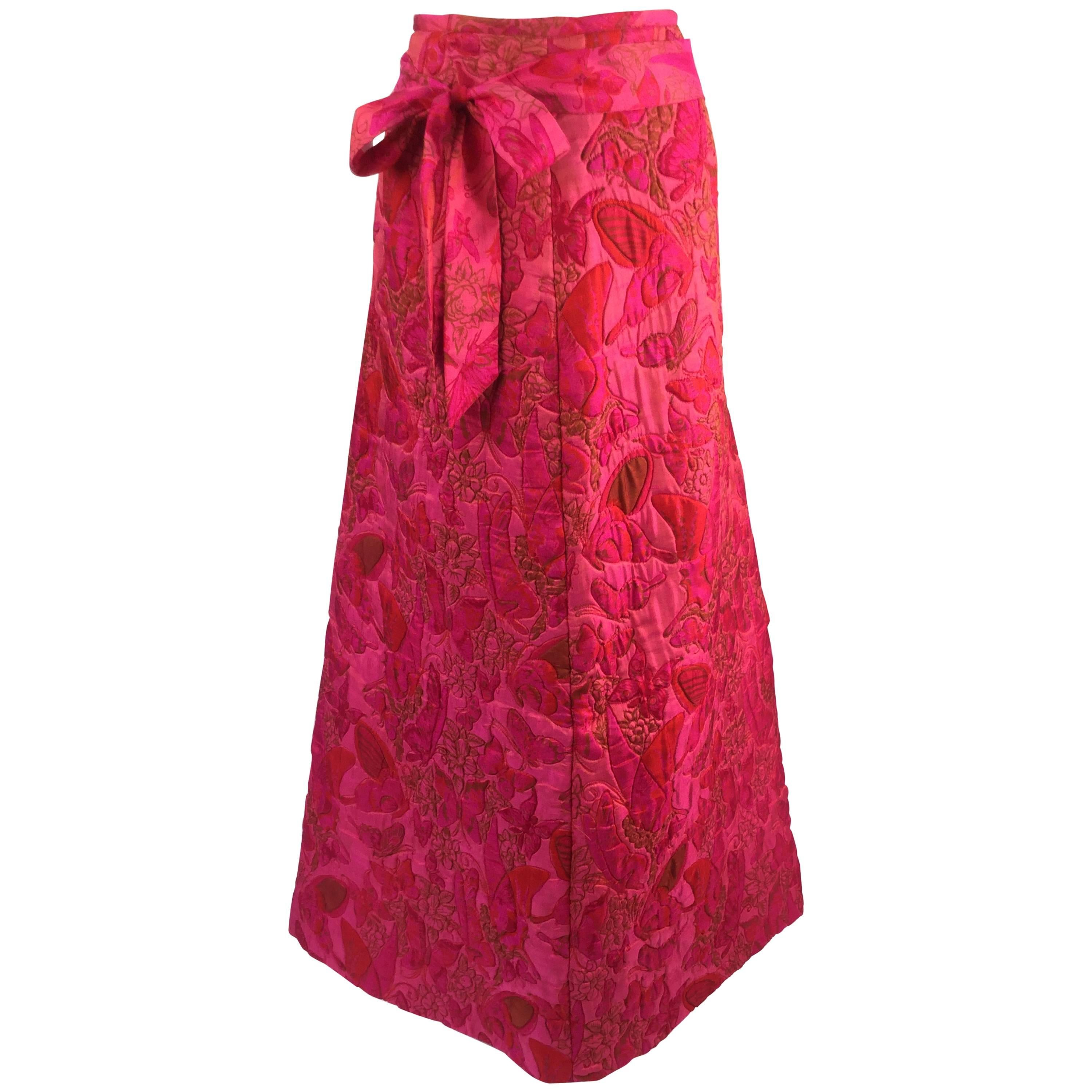 Wonderful 1970s Thai Silk Pink Butterly Printed Quilted Maxi Skirt  For Sale