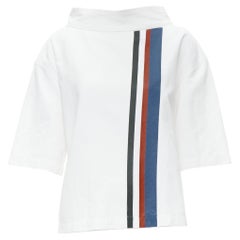 MARNI white cotton linen stripe web print mock collar oversized boxy top