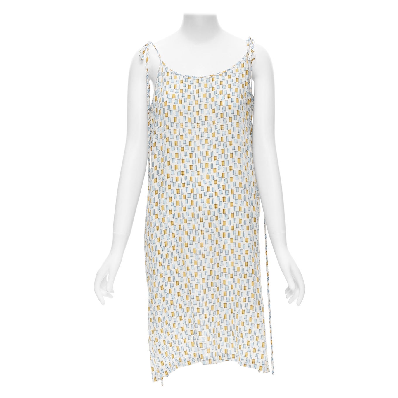 MARNI 100% silk yellow blue scribble print overstitch cami slip dress IT38 XS For Sale