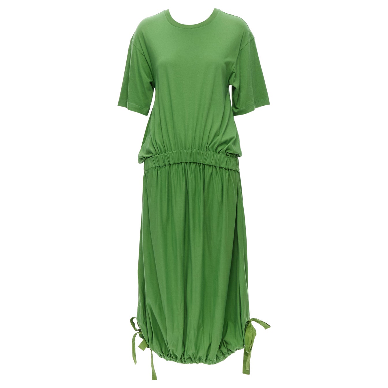 MARNI green cotton waist grosgrain bow drawstring hem t-shirt dress IT38 XS For Sale