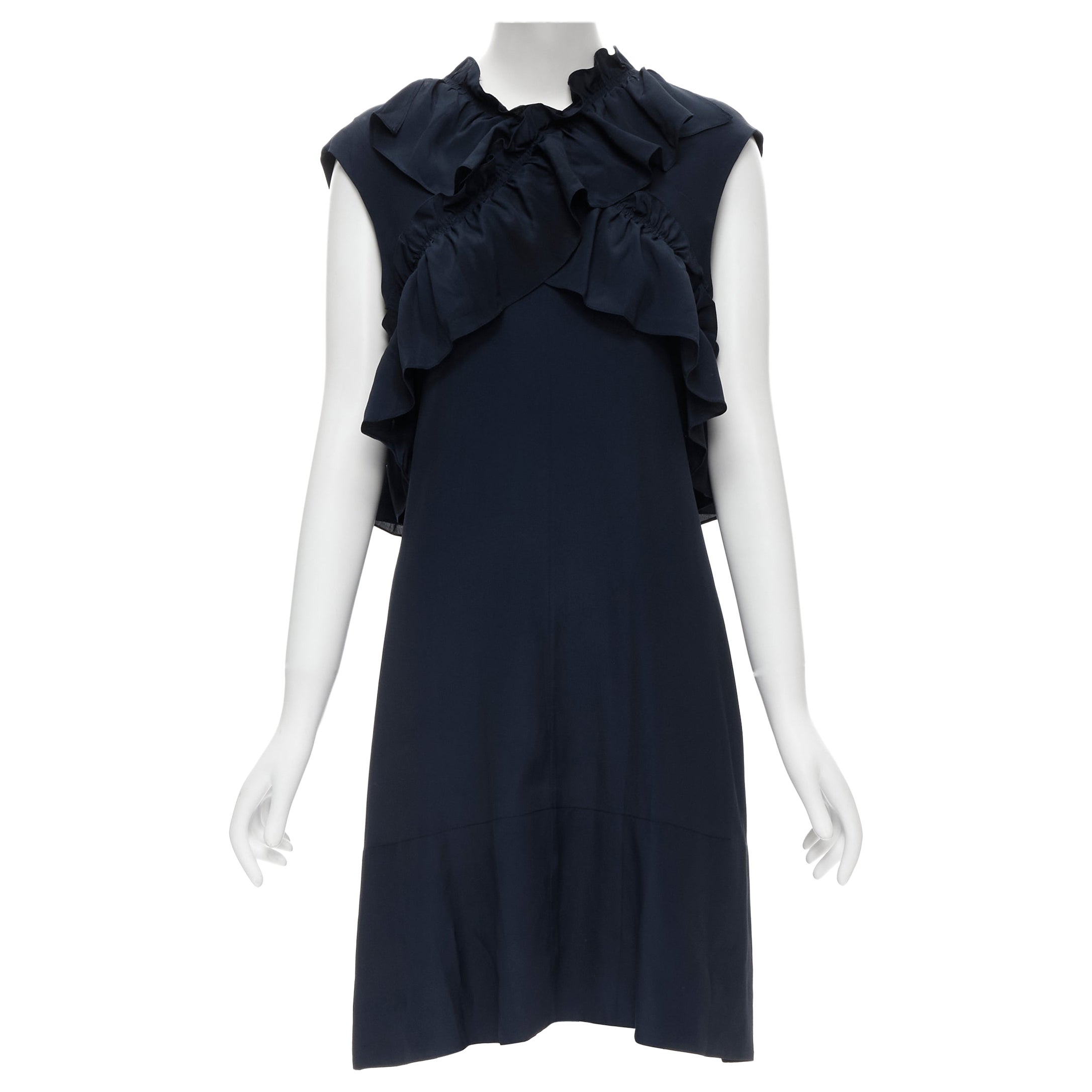 MARNI navy blue silk crepe cross ruffle trim knee lenth dress IT40 S For Sale