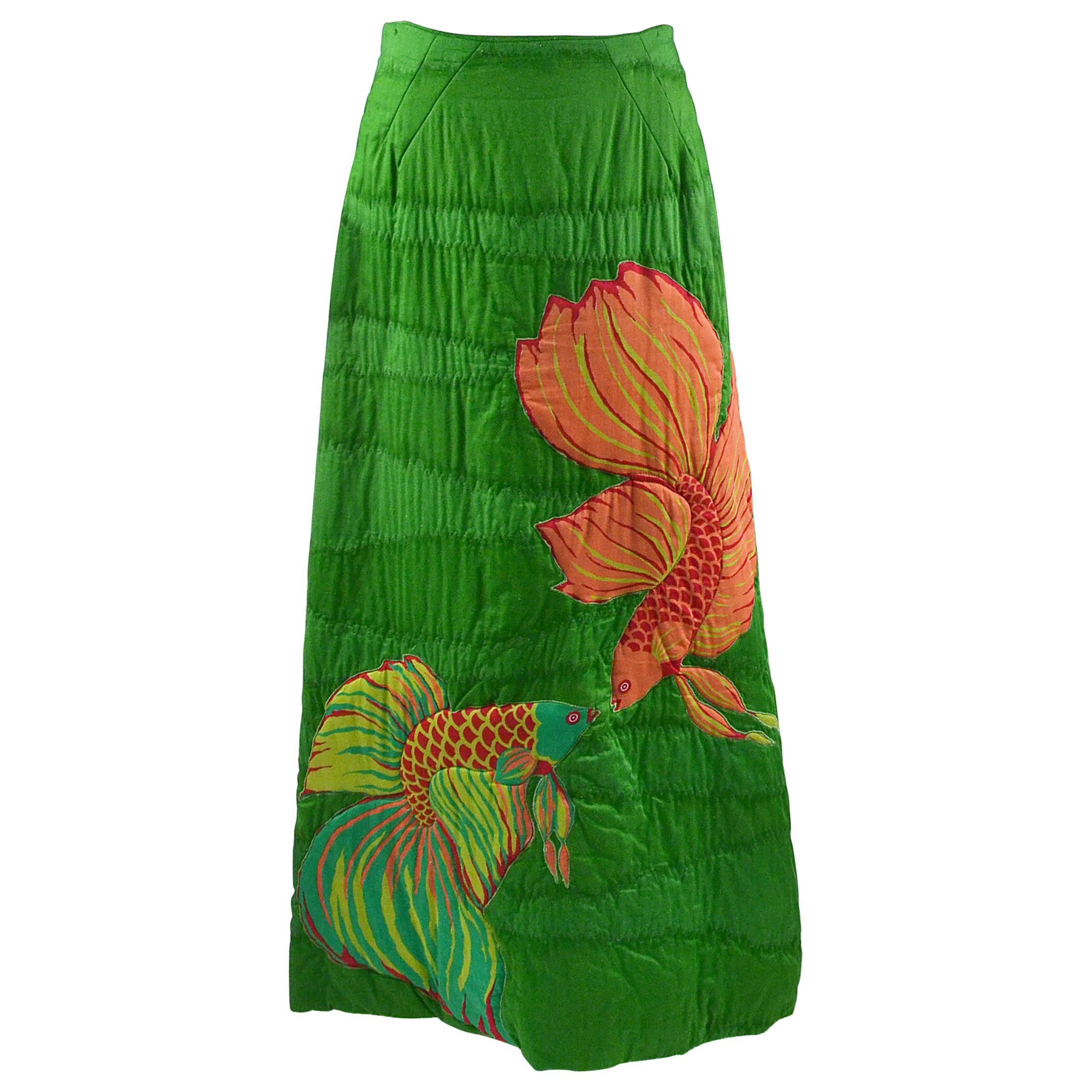 1970s Hand Screened Green Cotton Maxi Skirt