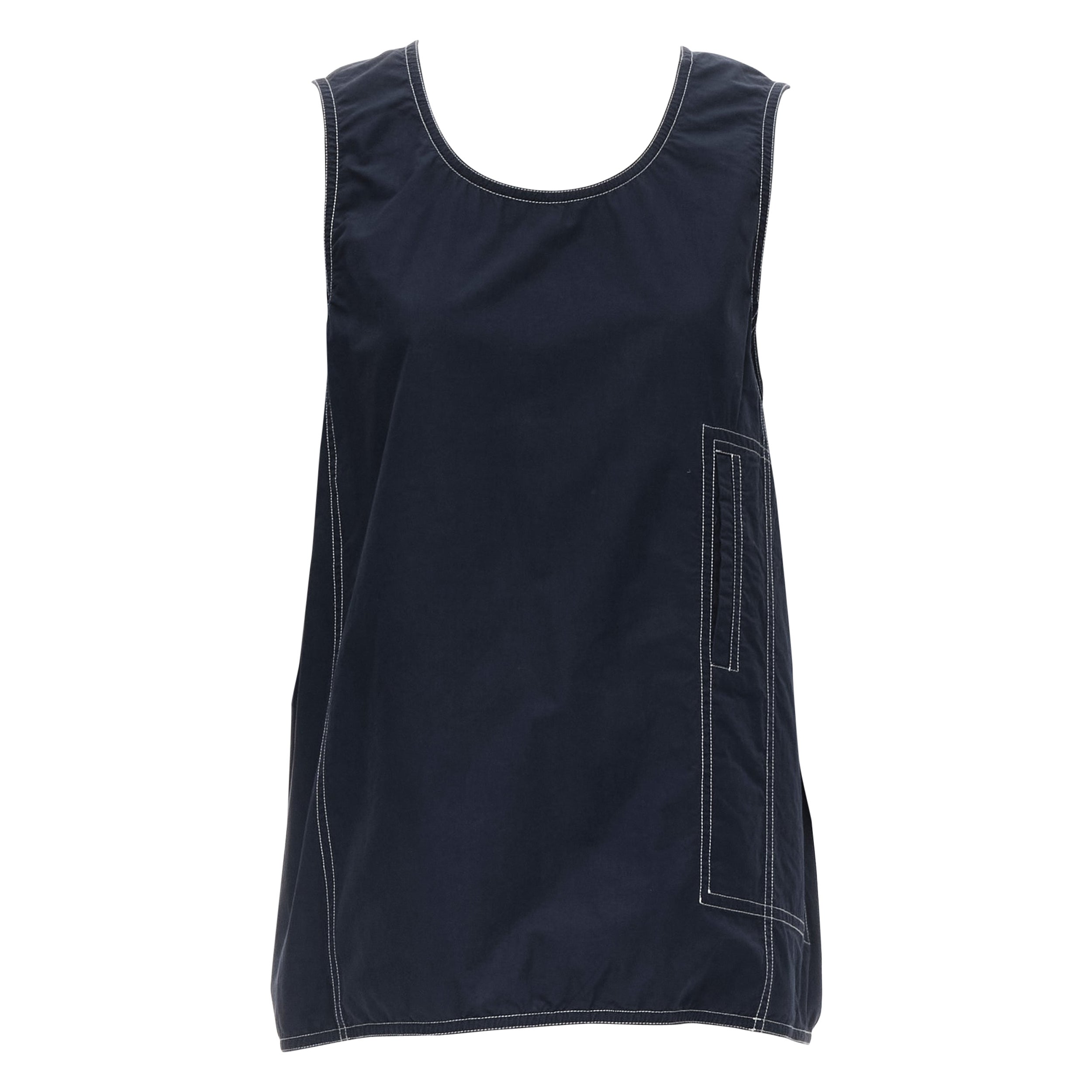 MARNI navy blue white overstitch pocket boxy sleeveless vest top IT44 M For Sale