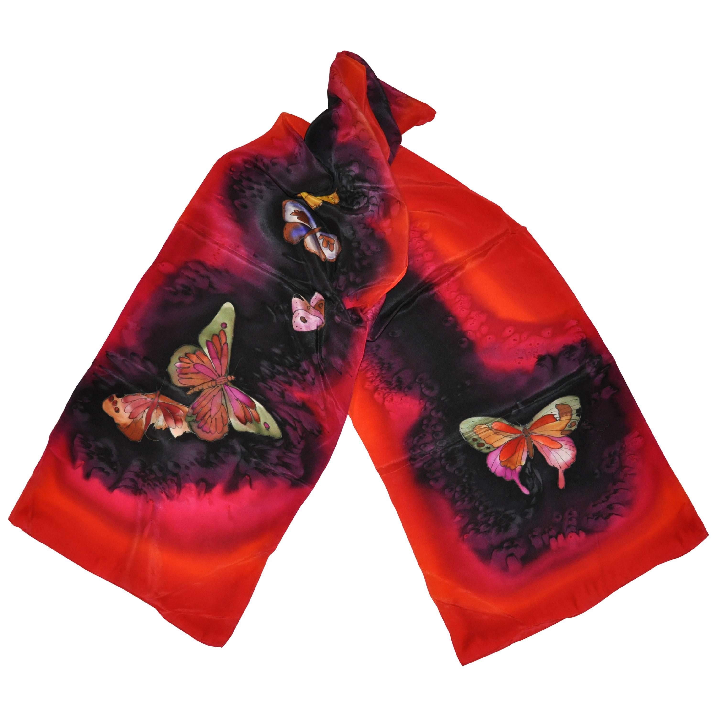 Multi-Color Hand-Dyed "Butterflies" Silk Scarf For Sale