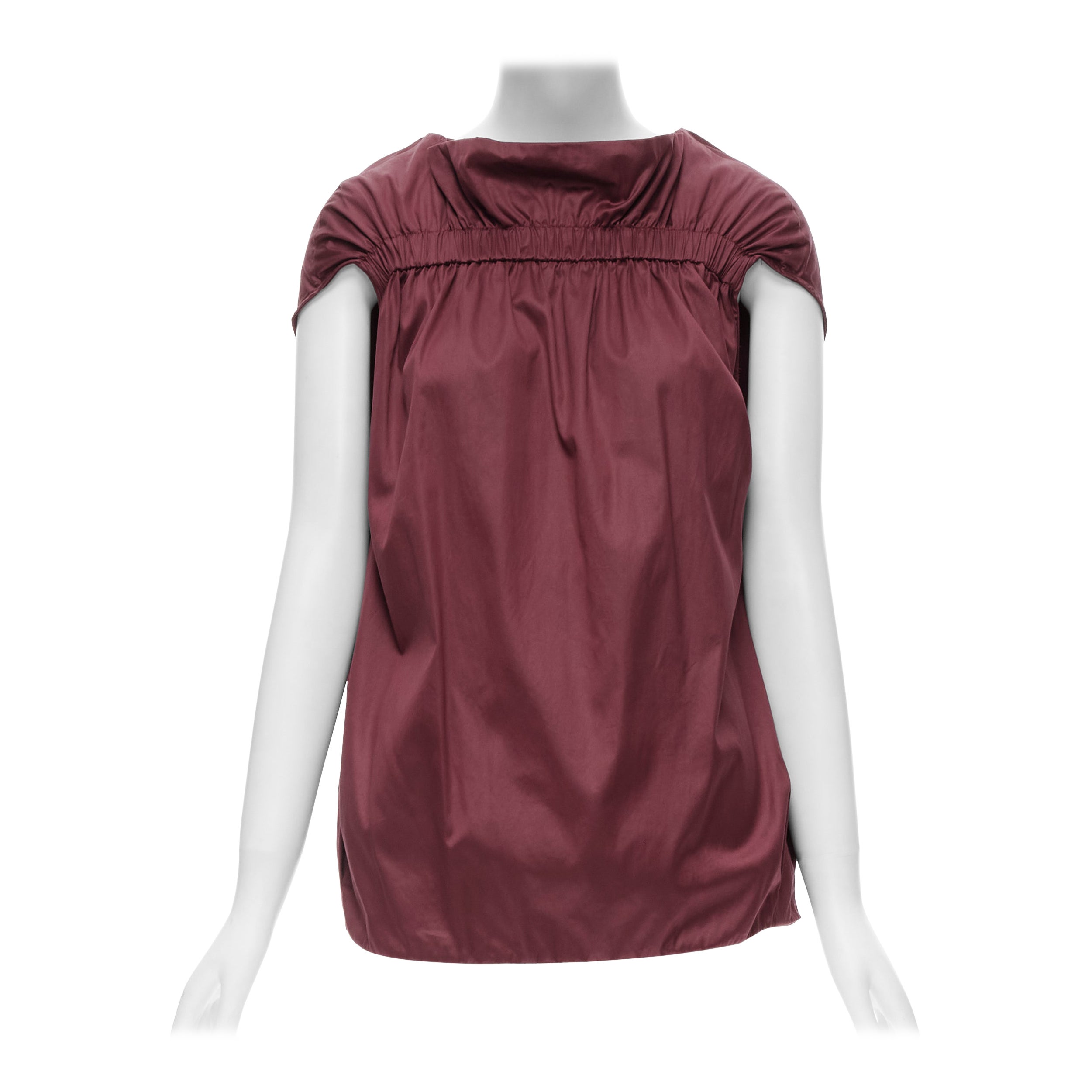 MARNI burgundy red cotton elasticated ruched cap sleeve boxy top IT38 XS For Sale