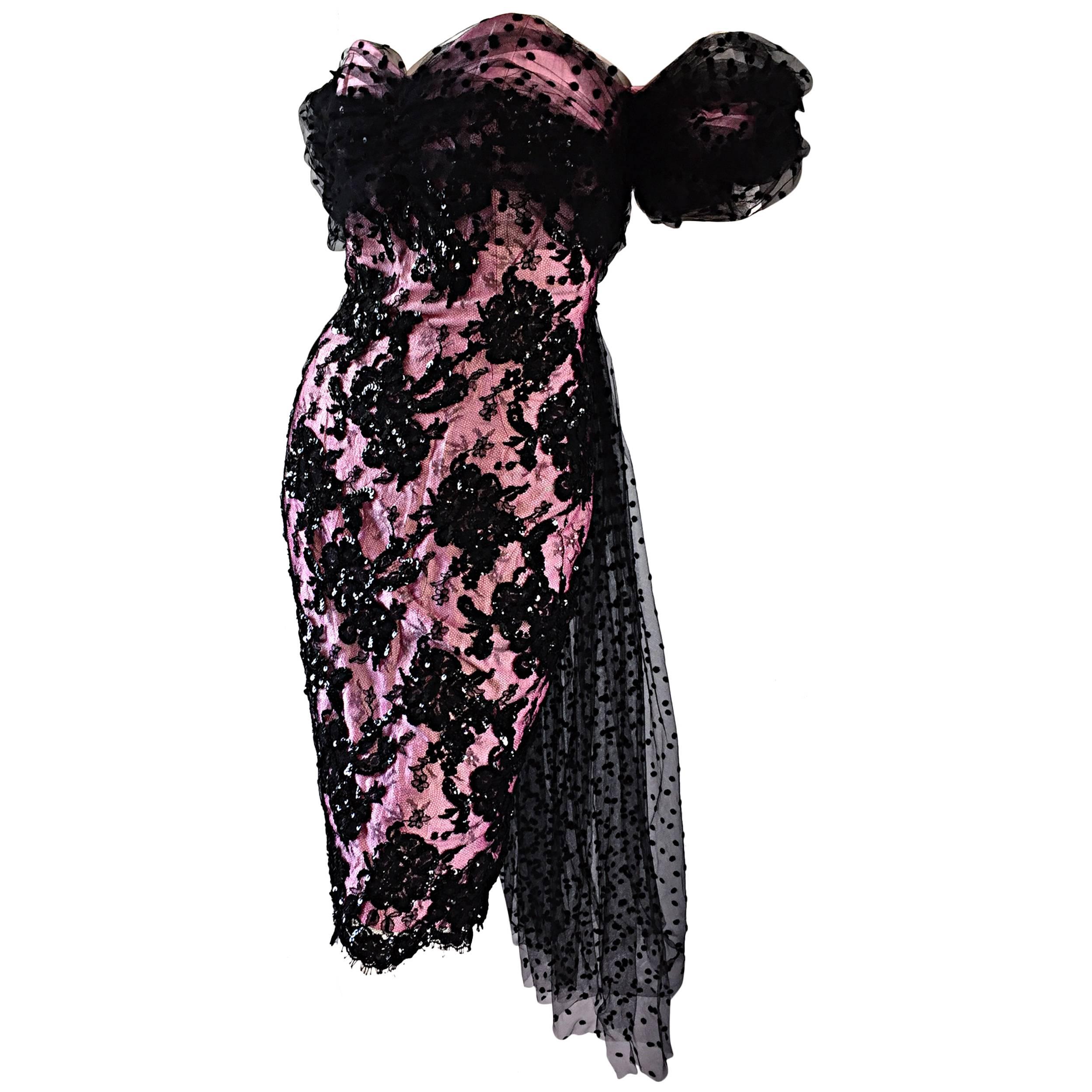 Lillie Rubin Vintage Pink and Black Silk Lace Sequin Dress w/ Tulle Train  For Sale