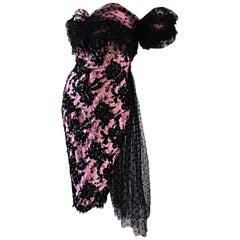 Lillie Rubin Vintage Pink and Black Silk Lace Sequin Dress w/ Tulle Train 