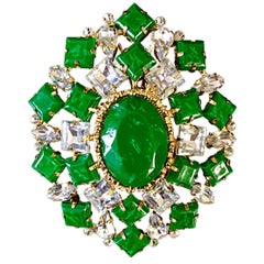 Gorgeous Vintage Arnold Scaasi 1960s Emerald Green Rhinestone Large Brooch Pin 