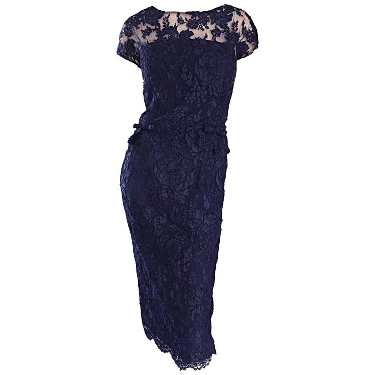 Beautiful 1960s Malcolm Starr Navy Blue Lace Vintage Wiggle Dress & Crop Top For Sale