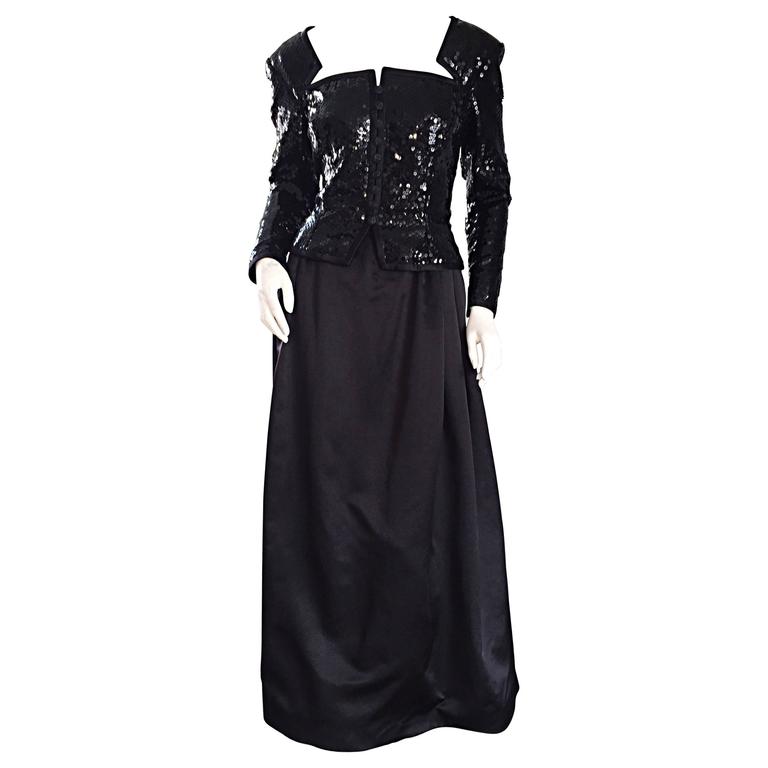 sachin and babi light blue dress Travilla Vintage Black Sequin Avant Garde Cutout Silk Satin Evening Gown