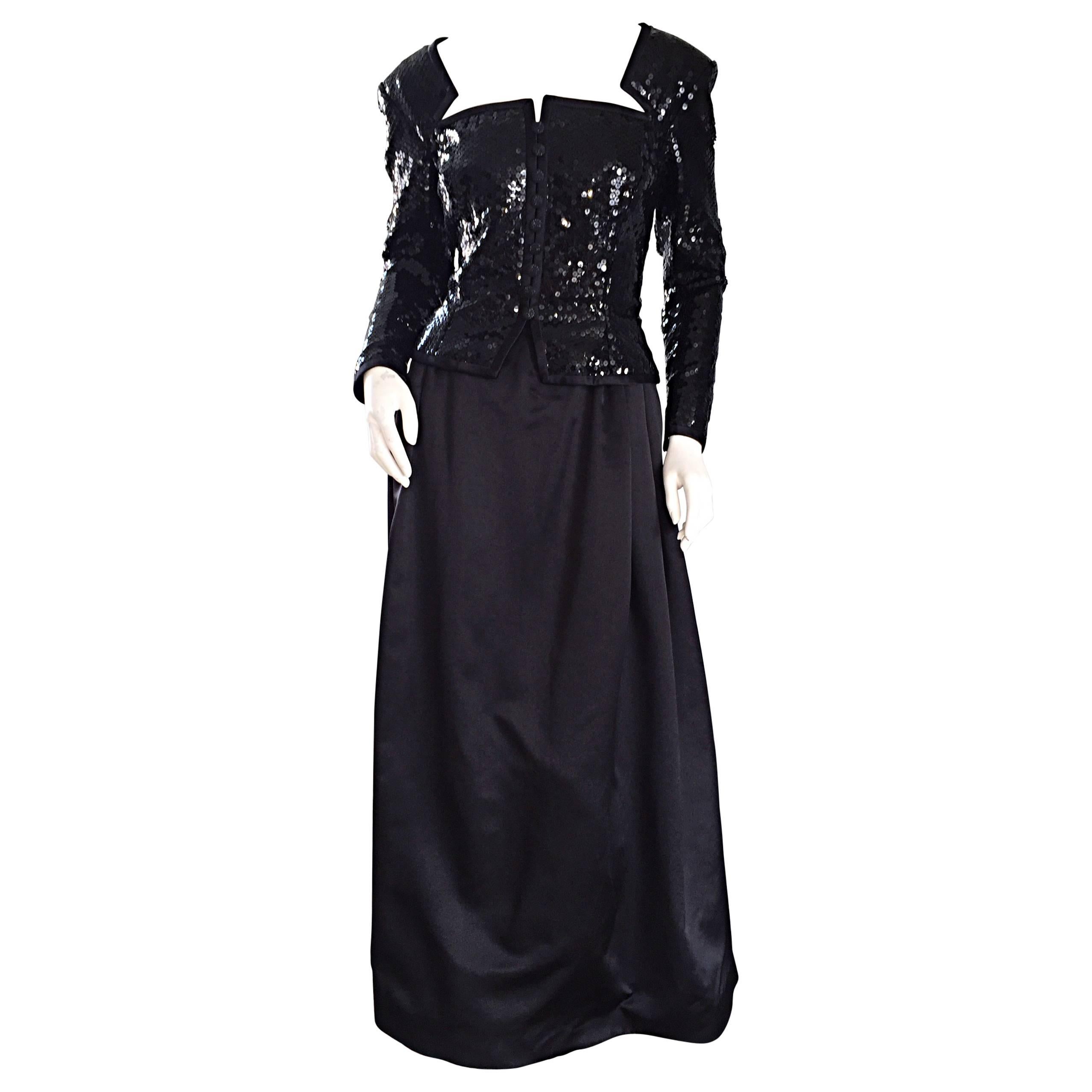 Travilla Vintage Black Sequin Avant Garde Cutout Silk Satin Evening Gown  For Sale