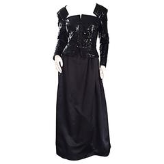 Travilla Vintage Black Sequin Avant Garde Cutout Silk Satin Evening Gown 