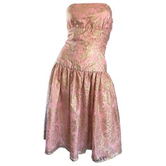 Retro Halston Pink and Gold Metallic Lace Strapless 1980s 80s Cocktail Dress 