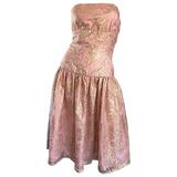 Vintage Halston Pink and Gold Metallic Lace Strapless 1980s 80s Cocktail Dress 