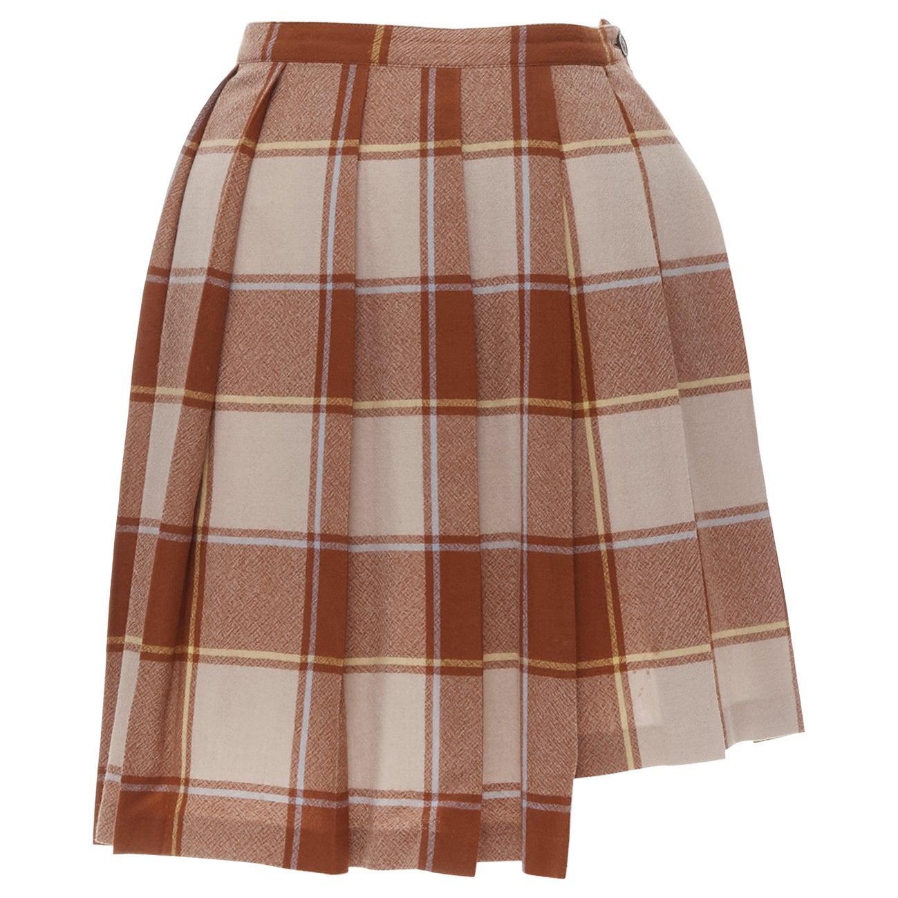 vintage COMME DES GARCONS 80s brown plaid check pleated step hem wool skirt For Sale