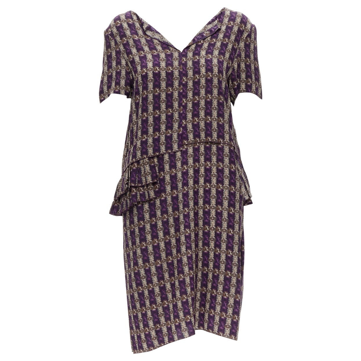 MARNI - Robe fourreau à volants et à imprimé bijoux violet, taille IT 38 XS en vente