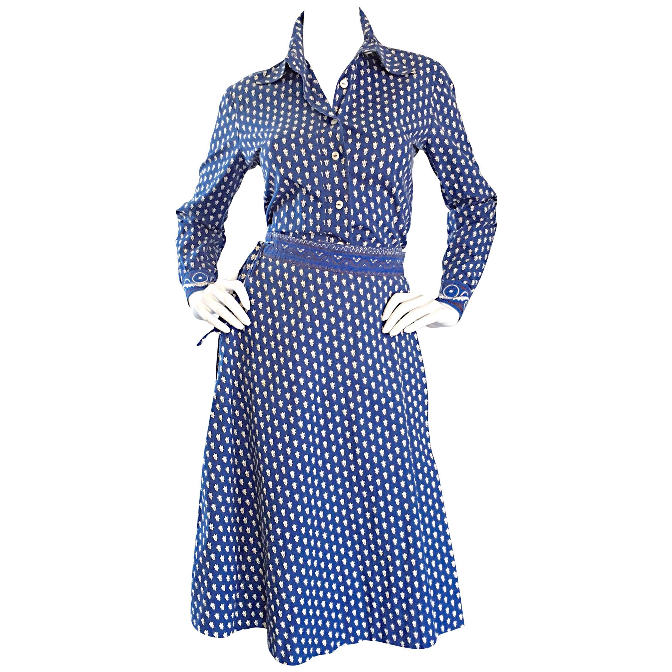 1970s La Provence De Pierre Deux Blue Printed Vintage Wrap Skirt and Blouse Set